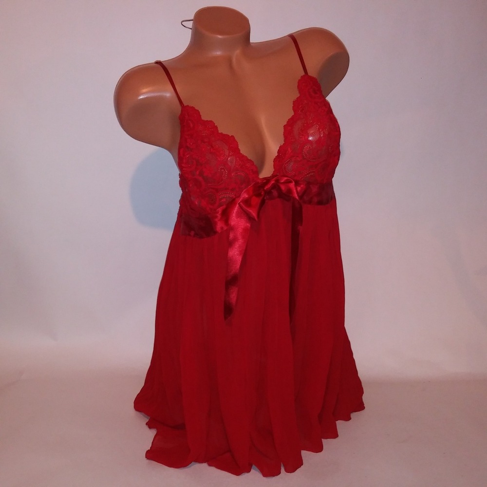 Victoria Secret Lingerie Babydoll XL Red Pleated Lace Sheer Wireless